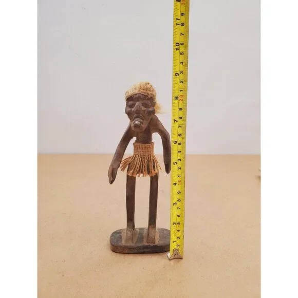 Vintage Hawaiian Carved Wood Tiki Kahuna Tribal , Hemp Rope Hair and Grass Skirt - Picture 15 of 16